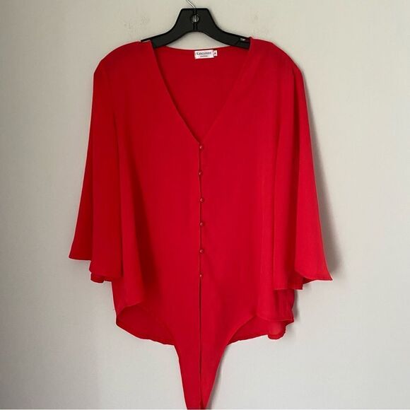 Kancy Store Women’s V Neck 3/4 Flared Sleeve Button Tie Front Red Blouse size L - Picture 1 of 3